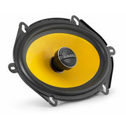 Car speaker with yellow cone and black frame on a white background