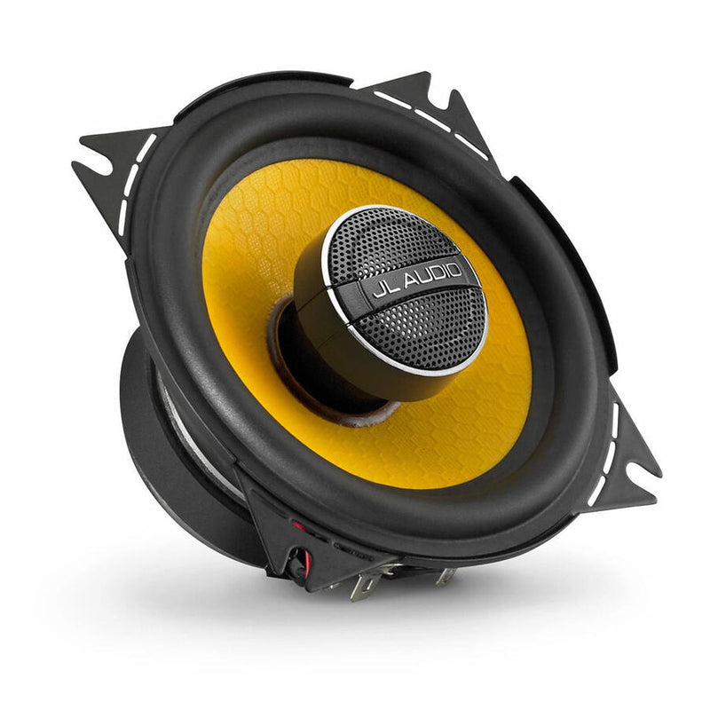 Car speaker with yellow surround and black grille on a white background