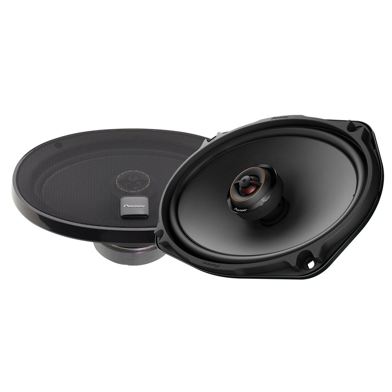 Pair of car speakers with Pioneer logo on a white background