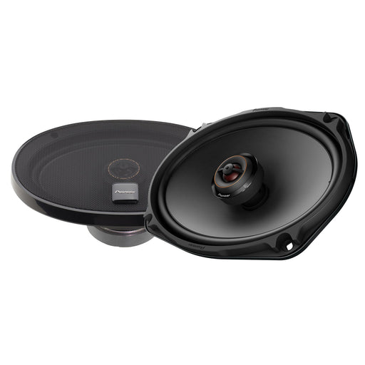 Pair of car speakers with Pioneer logo on a white background
