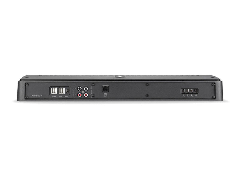A dark gray electronic device, likely a receiver or amplifier, shown from the back against a plain white background. The rear panel features multiple ports including USB, RCA, and audio jacks.