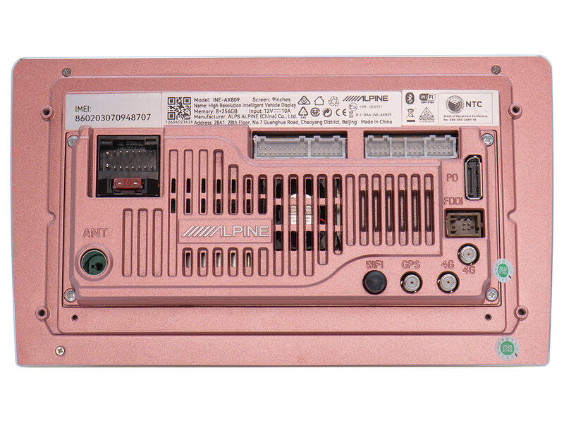 Pink electronic device with branding and technical components on a white background