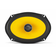JL Audio speaker with yellow cone on a white background
