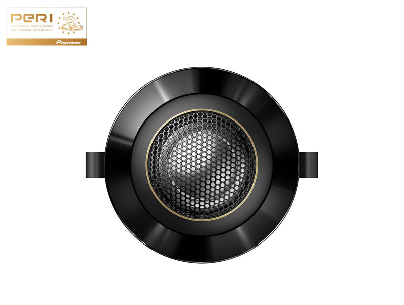 Black round speaker grill with honeycomb pattern on a white background, featuring the PERI logo.