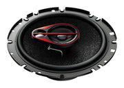 A Pioneer TS-R1750S 17cm 6.5" 250W 3-Way Car Speaker, black in color, showing the front view with the brand logo and red accents.