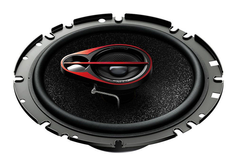 A Pioneer TS-R1750S 17cm 6.5" 250W 3-Way Car Speaker, black in color, showing the front view with the brand logo and red accents.