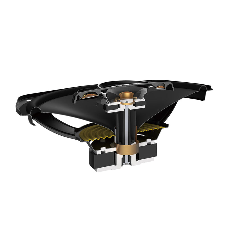 Black and gold mechanical component on a white background