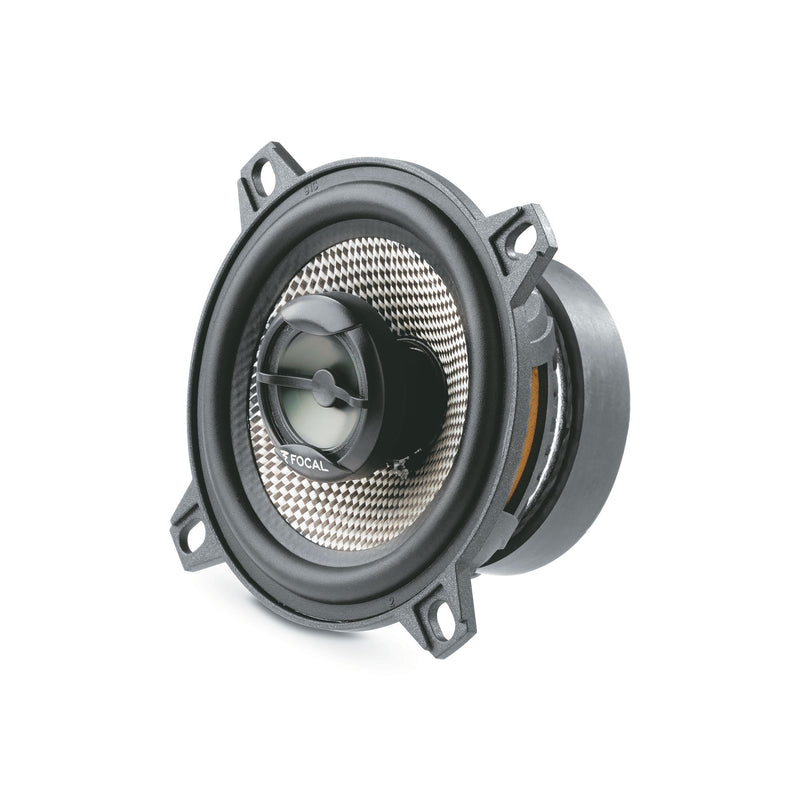 Car speaker with metallic grill on a white background