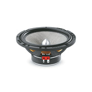 Speaker driver with metallic cone and black frame on a white background