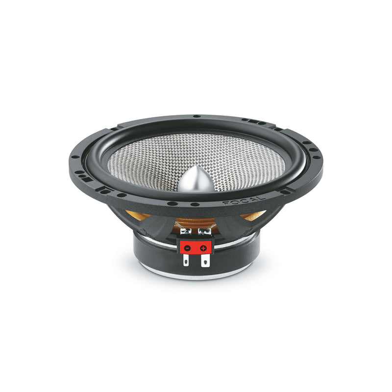 Speaker driver with metallic cone and black frame on a white background