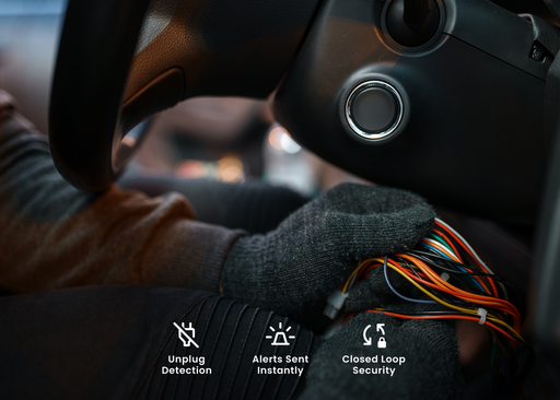 Close-up of a car's interior with wiring and a gloved hand, featuring icons and text about vehicle security features.