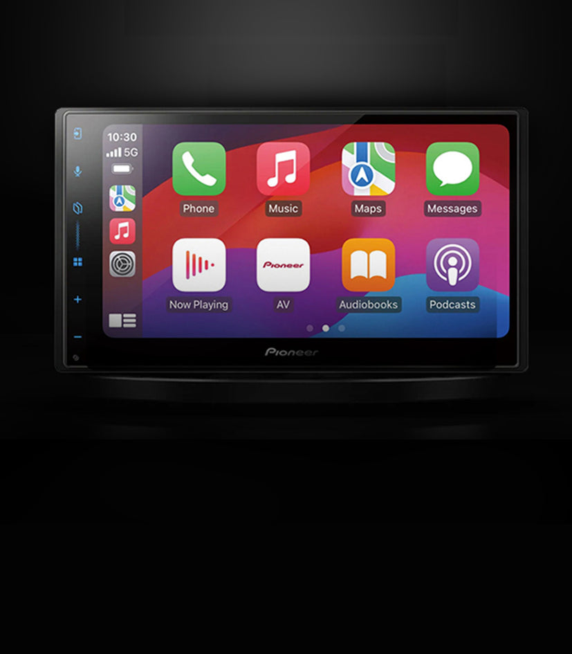 Car multimedia system with touchscreen display on a black background