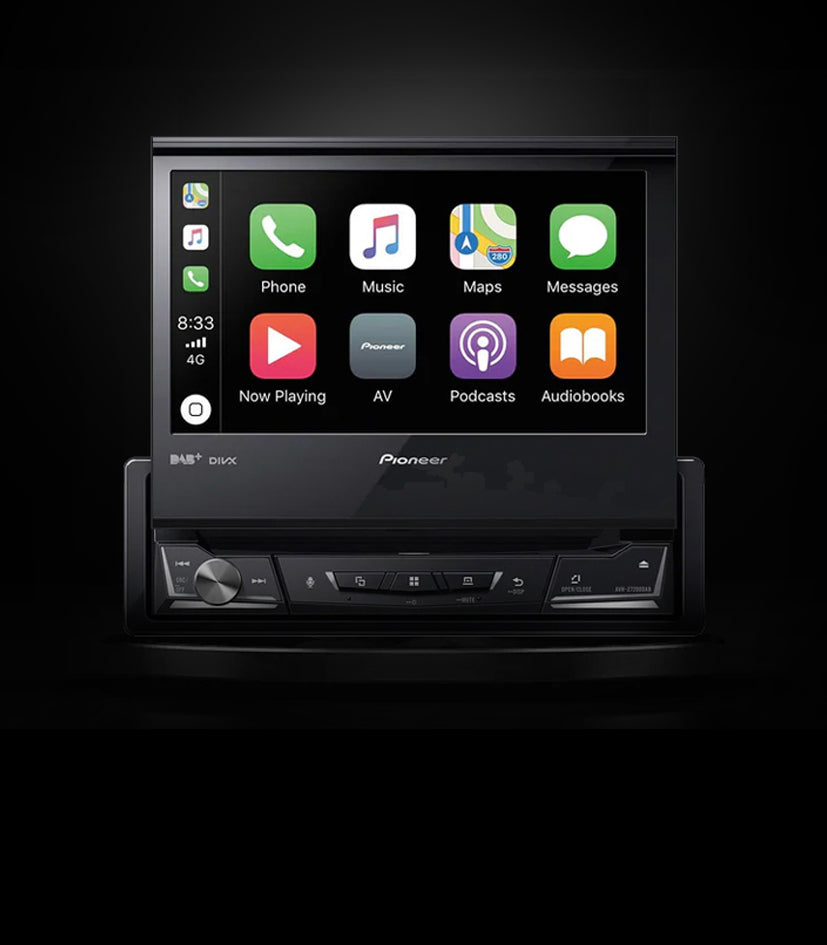 Pioneer car multimedia player with touchscreen display on a black background