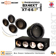 Phoenix Gold BX46XT XT-6.5" subwoofer kit including one large subwoofer, four smaller subwoofers, and a black rectangular enclosure on a white background with branding and feature icons.