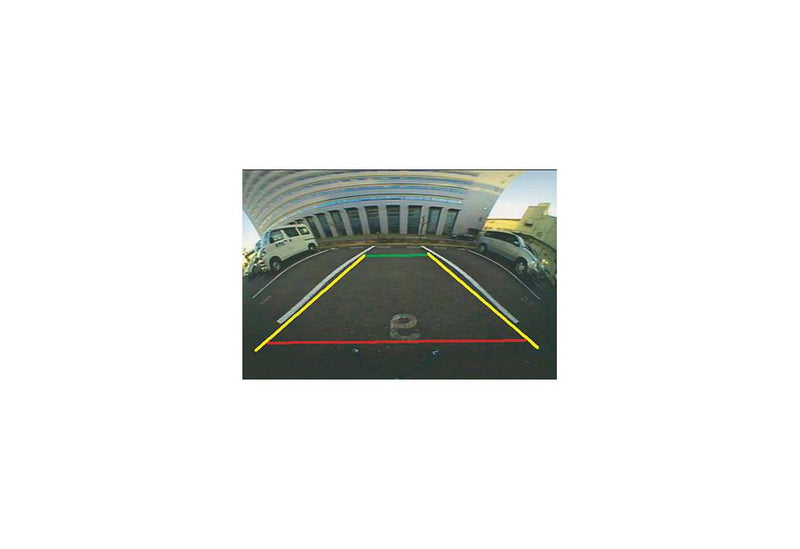 Car parking assistance system with rearview camera displaying a parking space.