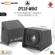 JL Audio CP110-WOV3 10" ported BassWedge subwoofer system in a textured dark gray enclosure, shown from front and side angles on a white background with product specs and branding.