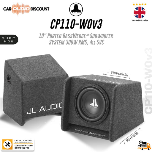 JL Audio CP110-WOV3 10" ported BassWedge subwoofer system in a textured dark gray enclosure, shown from front and side angles on a white background with product specs and branding.