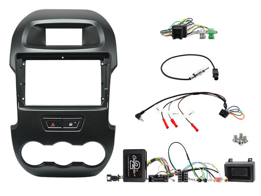 Car stereo headliner installation kit featuring a black plastic dashboard frame with integrated control buttons, wiring harnesses, connectors, a control module, and mounting hardware, displayed on a clean white background.
