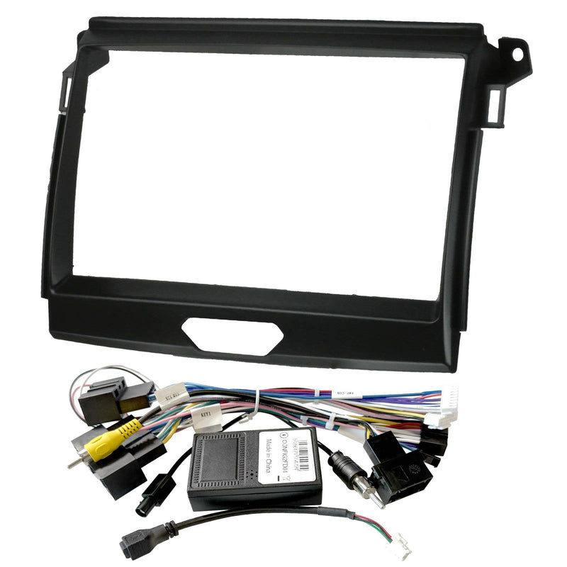 Black double DIN car stereo dashboard console bezel frame kit with wiring harness, RCA connectors, and control module on a white background.