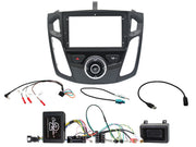 Car stereo headliner installation kit featuring a black plastic dashboard trim bezel, wiring harnesses, connectors, and control modules on a white background.
