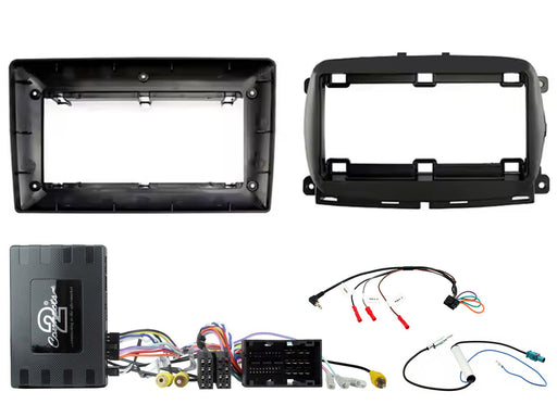 Car stereo dash mount frame kit with a black plastic console bezel insert, wiring harnesses, and an electronic control module on a white background.