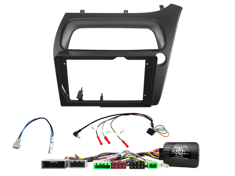 Car stereo dashboard console adapter frame kit with wiring harnesses and connectors on a white background.