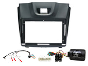 Black car stereo dashboard console bezel frame kit with wiring harnesses, connector blocks, and a black control module on a white background.