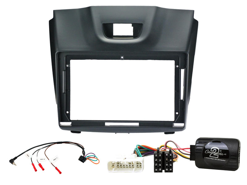 Black car stereo dashboard console bezel frame kit with wiring harnesses, connector blocks, and a black control module on a white background.