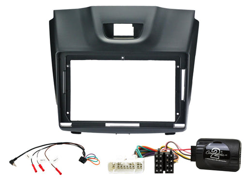 Black car stereo dashboard console bezel frame kit with wiring harnesses, connector blocks, and a black control module on a white background.