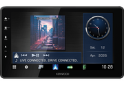Kenwood car multimedia display with clock, date, and navigation interface.