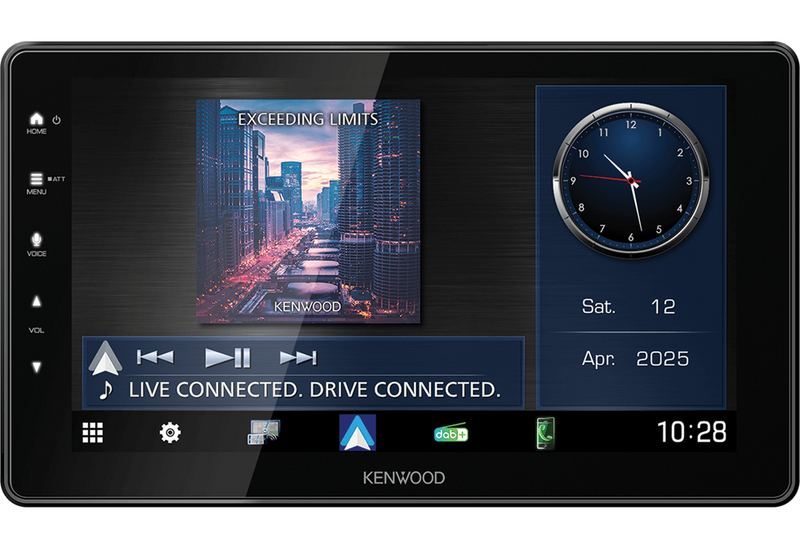 Kenwood car multimedia display with clock, date, and navigation interface.