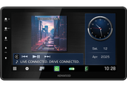 Kenwood car multimedia system display with clock, date, and navigation interface.