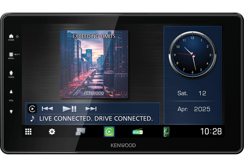 Kenwood car multimedia system display with clock, date, and navigation interface.