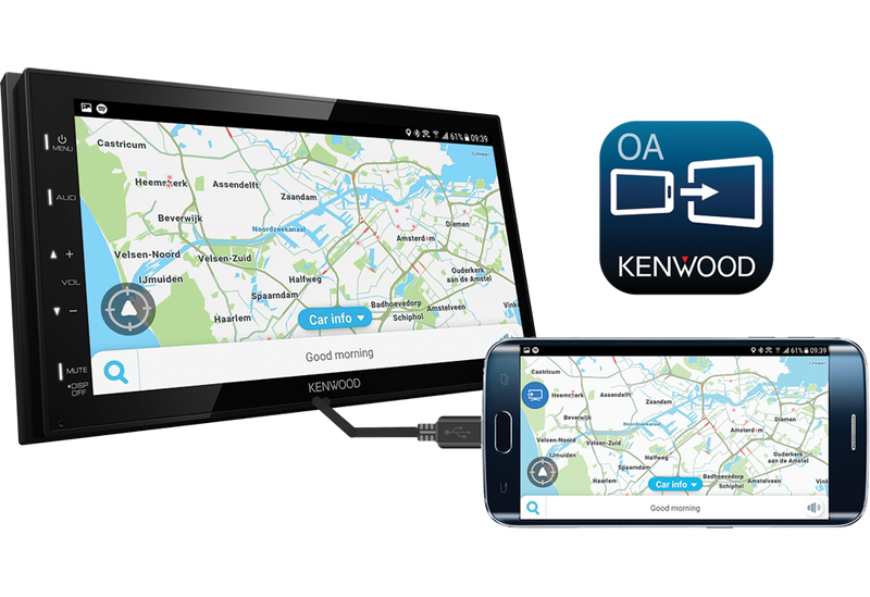 Kenwood car navigation system and smartphone displaying map application on a white background