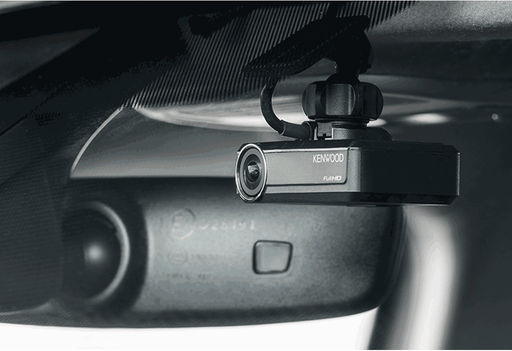 Kenwood DRV-N520 dash camera with HDR Super HD recording GPS and G sensor mounted on car windshield for driving safety