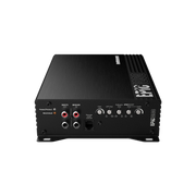 Black audio amplifier with brand logo on a white background