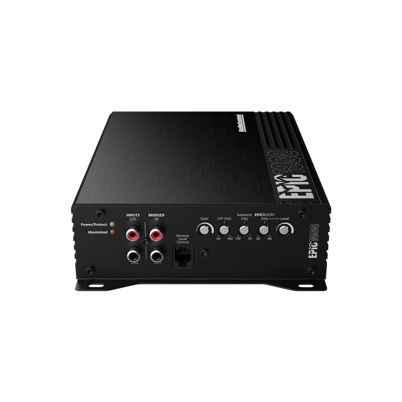 Black audio amplifier with brand logo on a white background