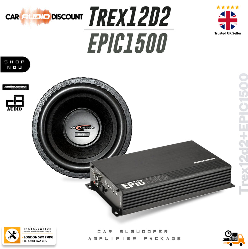AudioControl EPIC1500 1500W Monoblock Amp + DB Audio TREX-12D2 12″ SPL Subwoofer