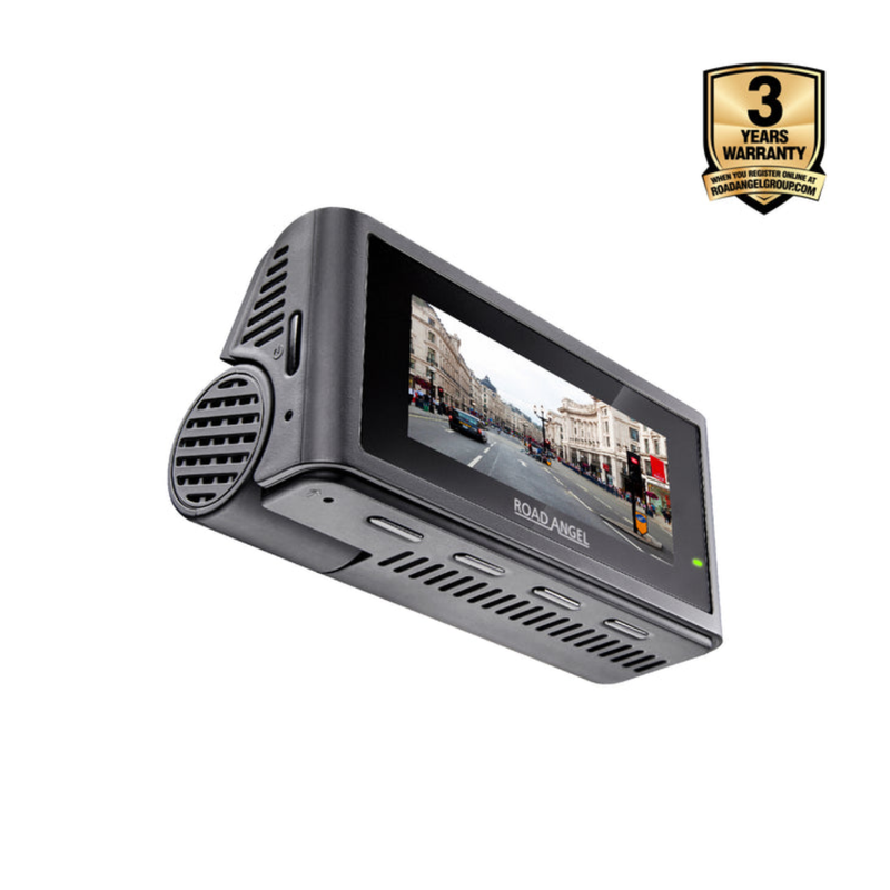 Car dashboard camera with screen displaying a road scene, Roavangel brand visible, 3-year warranty badge.