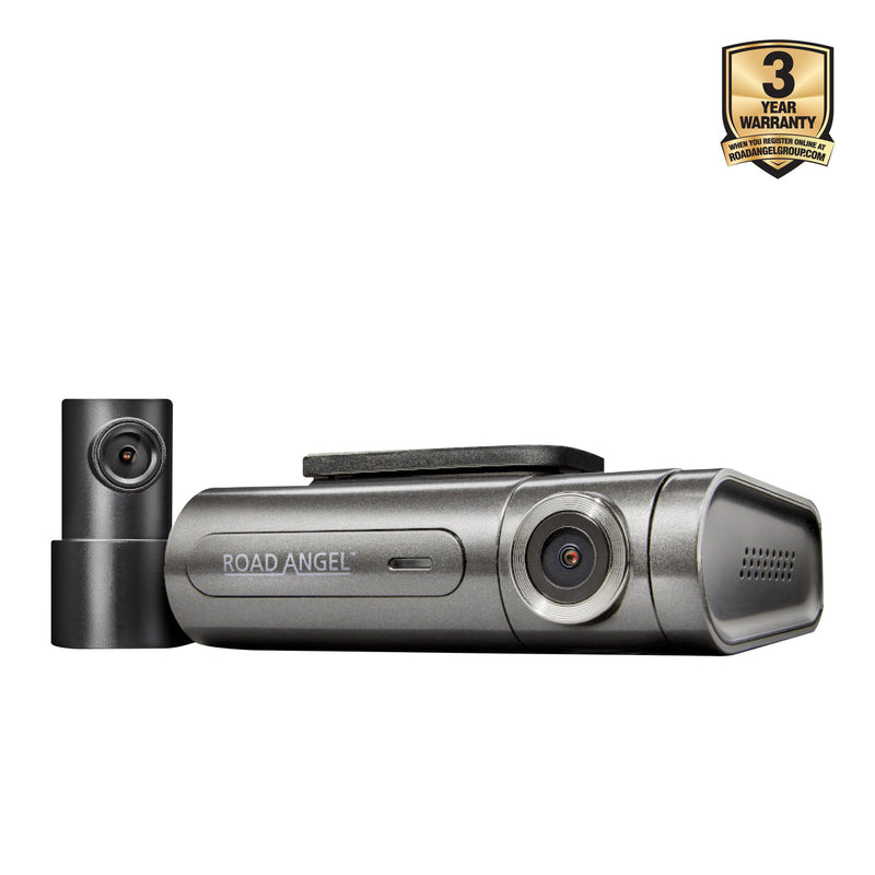 Car dashboard camera with 'Road Angel' branding and 3-year warranty badge on a white background