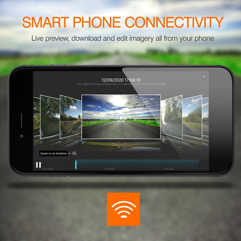 A smartphone shown on a blurred road-and-field background with the headline 'SMART PHONE CONNECTIVITY' and a small orange Wi-Fi icon below. The phone screen displays a video editing or streaming interface with multiple preview panels.