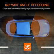 Top-down view of a car on a road with '140° Wide Angle Recording' text and graphics.