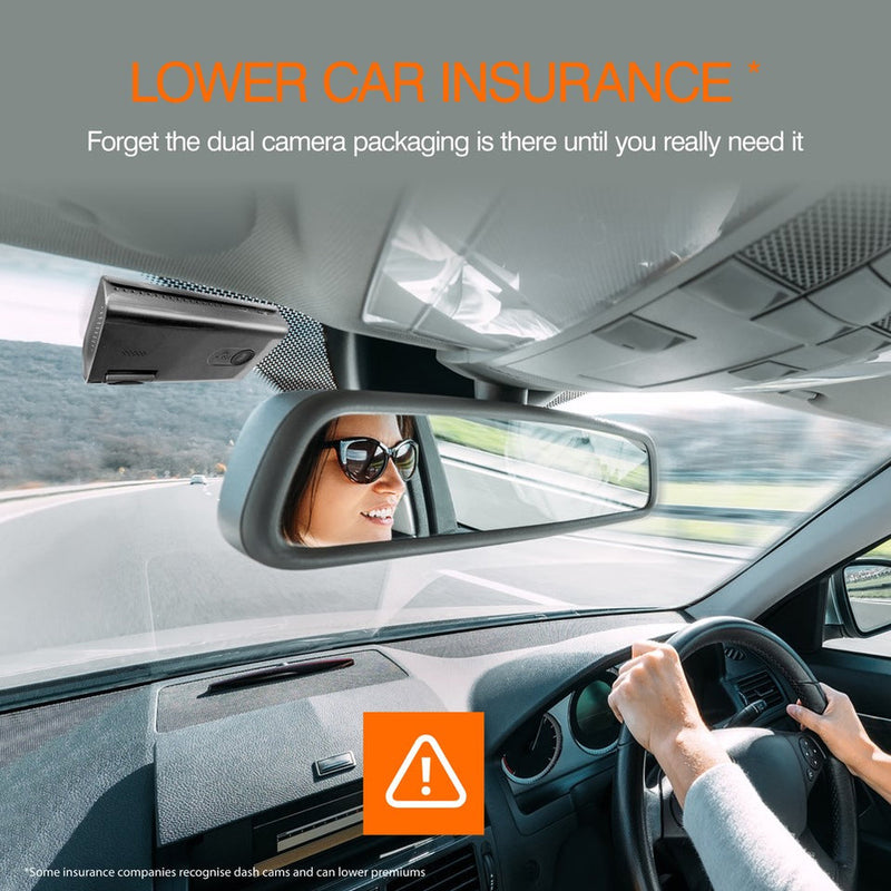 A car interior scene with a rear-view mirror showing a smiling woman in sunglasses, plus large promotional text at the top about lowering car insurance and an orange warning icon near the bottom. This is not a clean product shot and functions more like an ad/educational marketing image, so I classify it as Other rather than Product/Packaging or Lifestyle.