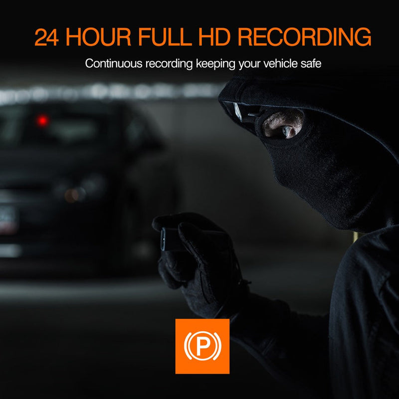 Person in dark clothing holding a device with text about 24-hour full HD recording.