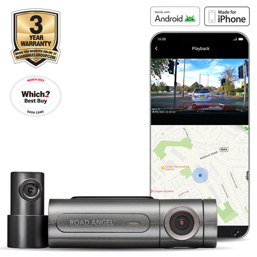 Road Angel Halo Pro V2 front and rear 2K 1080p dash cam with Wi-Fi and parking mode