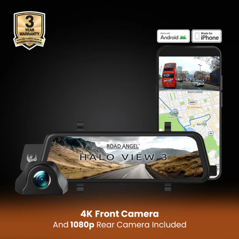 Road Angel Halo View 3 4K anti-glare mirror dash cam with 10 inch touchscreen and rear camera