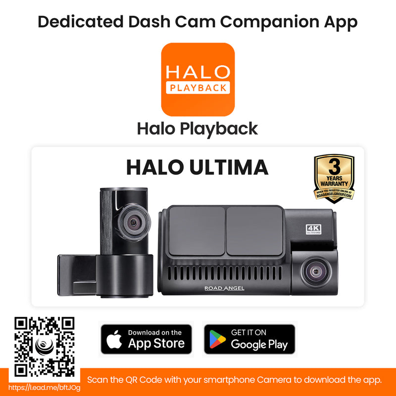 Halo Ultima dash cam with Halo Playback app branding on a white background