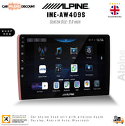Alpine INE-AW409S car stereo head unit with a 9.0-inch touchscreen display, featuring a black front face with colorful app icons and a reddish-brown side frame.