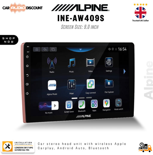 Alpine INE-AW409S car stereo head unit with a 9.0-inch touchscreen display, featuring a black front face with colorful app icons and a reddish-brown side frame.