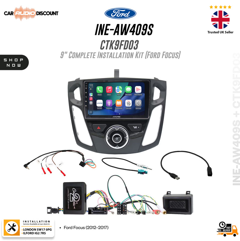 Ford Ine-AW409S CTK9FD03 9" Complete Installation Kit for Ford Focus, featuring a 9-inch touchscreen head unit, wiring harnesses, and control modules on a white background with Ford branding.
